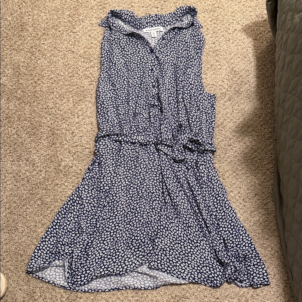 Sleeveless Navy Blue Printed Button-Front Dress